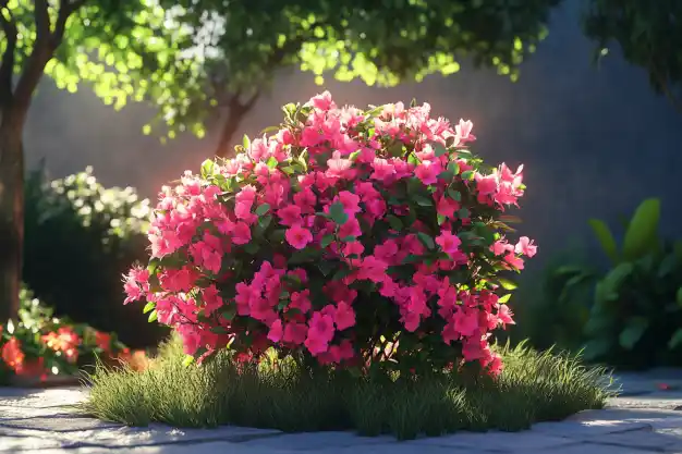 A bright pink azalea shrub in full bloom, basking in the sunlight, surrounded by lush greenery.