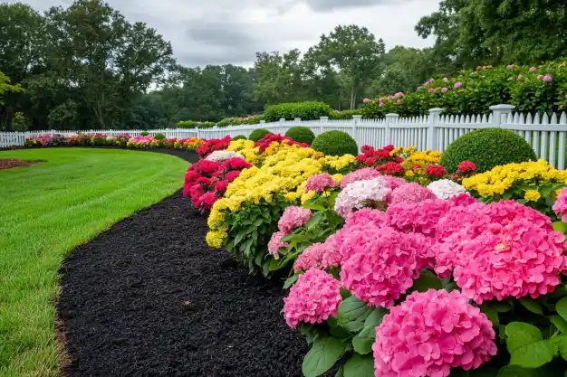 A vibrant garden bed featuring a variety of colorful hydrangeas arranged in a curved pattern, bordered by a white picket fence.