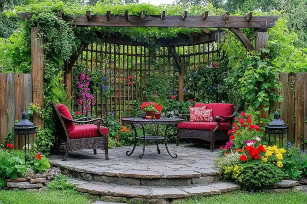 A beautifully landscaped garden patio with a pergola covered in greenery, red cushioned chairs, and colorful flower beds.