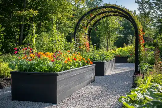 A stylish garden path with black raised beds filled with colorful flowers and vegetables, adorned with an elegant arch trellis.