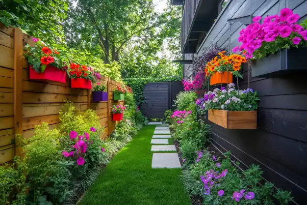 A vibrant garden pathway lined with colorful flowers in hanging planters against a wooden fence, with a lush green lawn and stepping stones leading to a gate.