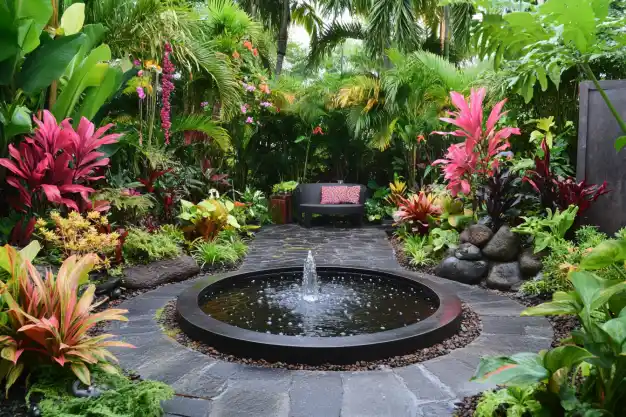 A tropical garden oasis featuring a circular water fountain surrounded by vibrant foliage, palm trees, and a cozy seating area.