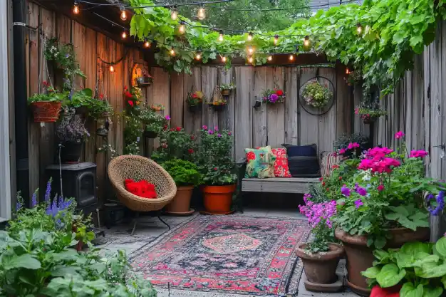  A cozy backyard nook with string lights, potted plants, a patterned rug, and wooden furniture, creating a charming and inviting outdoor retreat.