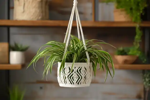 A lush spider plant elegantly hanging in a woven macramé planter, set against a rustic wooden shelf backdrop adorned with greenery.