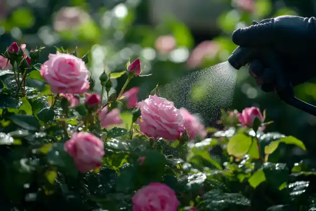 Close-up view of a gardener spraying water on blooming pink roses in a garden, showcasing the process of plant care with a gentle misting tool.