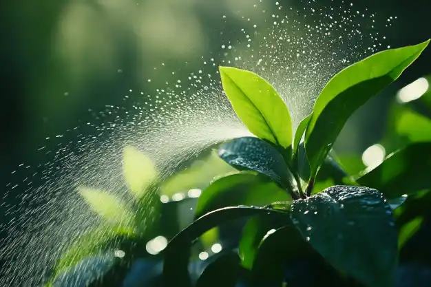  A vivid green leaf being misted with water, with sunlight illuminating the water droplets, creating a refreshing and serene gardening moment.