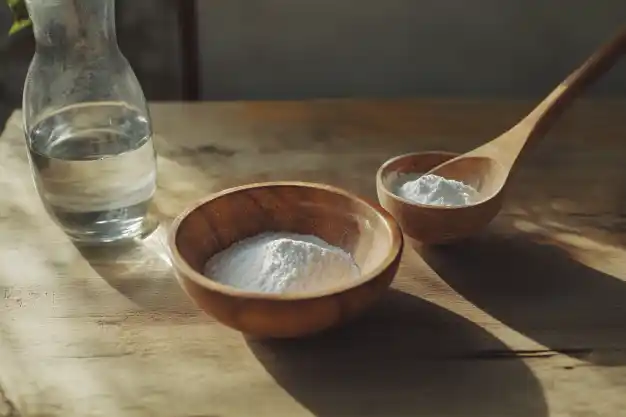 Natural wooden bowls containing baking soda, a glass bottle with water, and a wooden spoon, arranged on a rustic wooden surface, emphasizing DIY gardening solutions.