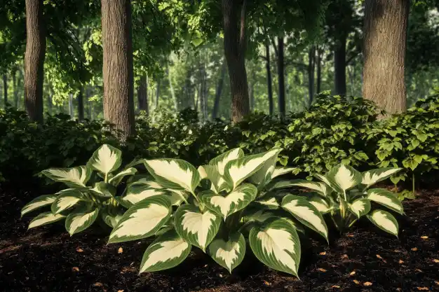 A shaded garden area showcasing variegated hostas with striking green and white leaves, framed by tall forest trees.