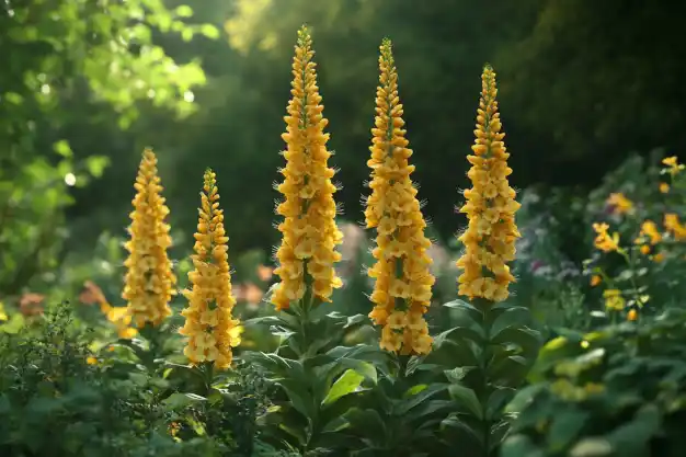 A cluster of tall yellow mullein flowers blooming brightly in a sunny garden setting, accompanied by a variety of foliage.