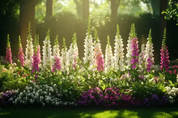 A captivating garden display with pink and white foxglove flowers standing tall amidst lush greenery, glowing under warm sunlight.