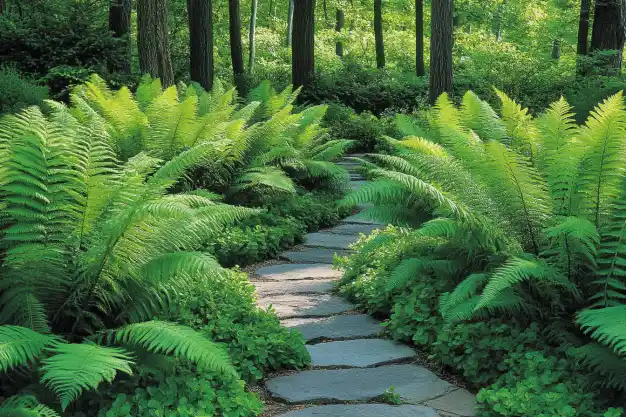 A serene woodland garden featuring a stone pathway surrounded by vibrant green ferns under dappled sunlight.