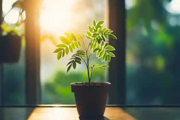 A vibrant green seedling thrives in a terracotta pot, illuminated by warm, golden sunlight streaming through a window, symbolizing growth and new beginnings.