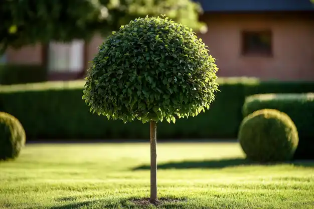 A neatly trimmed topiary tree with a spherical canopy stands in the middle of a lush green lawn in front of a house.
