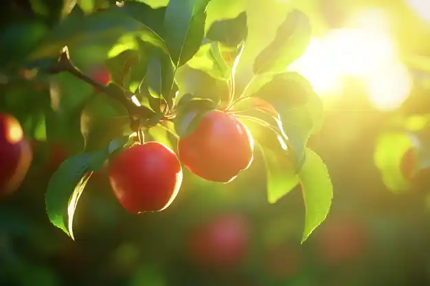 Two radiant red apples hanging on a tree branch, illuminated by gentle sunlight, creating a fresh and natural ambiance.