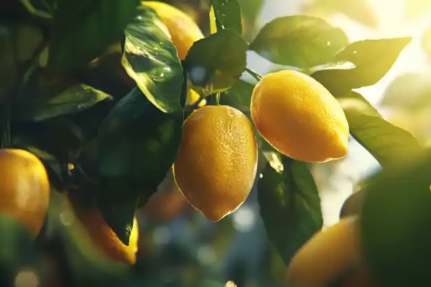 Close-up of bright yellow lemons hanging on a tree, surrounded by lush green leaves, with sunlight streaming through.