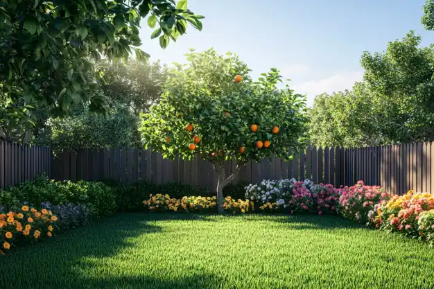 A vibrant orange tree in a backyard garden surrounded by colorful flowers, set against a wooden fence and a clear blue sky.