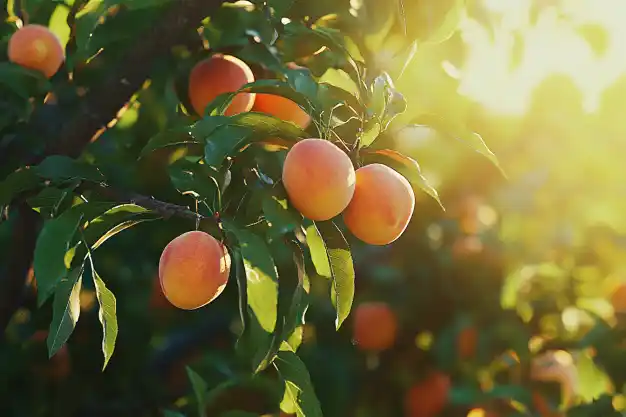 Golden peaches ripening on a tree, bathed in warm sunlight, symbolizing a serene orchard setting.