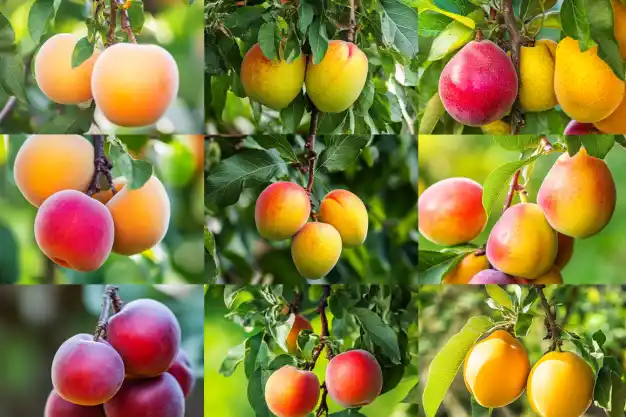 A vibrant assortment of colorful plum varieties hanging from trees in different stages of ripeness, showcasing shades of orange, yellow, red, and purple.