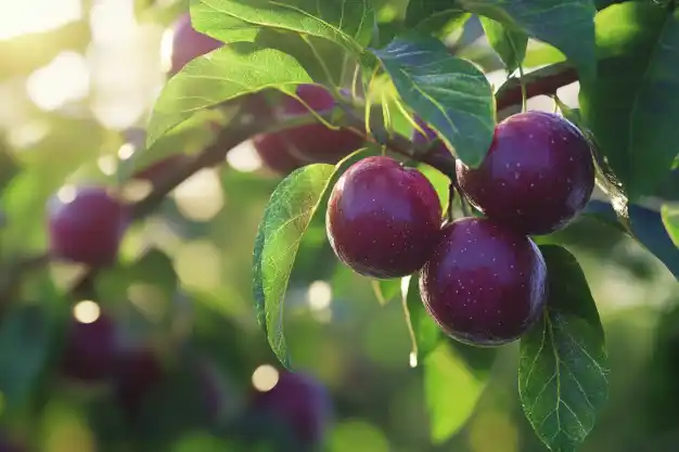 A close-up of shiny, ripe purple plums on a branch with lush green leaves, bathed in soft sunlight.