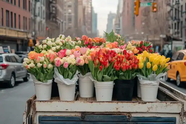  A rustic truck bed filled with buckets of vibrant tulips in pink, yellow, red, and white shades, parked on a bustling city street with tall buildings and cars in the background.