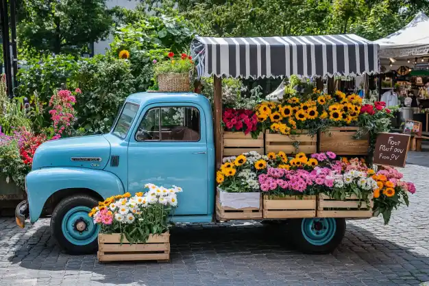 A charming vintage blue truck loaded with wooden crates of colorful flowers, including sunflowers and daisies, parked on a cobblestone street surrounded by greenery.