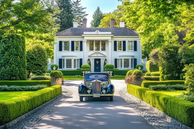 The image depicts an elegant white colonial-style mansion with symmetrical architecture, black shutters, and a classic portico at the entrance. The lush landscaping features meticulously trimmed hedges lining a cobblestone driveway, leading up to a vintage car parked at the center. The scene exudes sophistication, blending timeless architecture with natural beauty. The surrounding greenery adds to the stately charm of this picturesque estate. Let me know if you'd like a detailed description for a project or inspiration for similar designs! 🌳🏛️