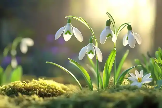 A close-up view of delicate snowdrops blooming in a forest setting, bathed in soft sunlight. The scene conveys a serene and natural atmosphere.