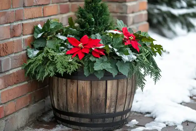 A festive winter planter arrangement placed in a wooden barrel, featuring bright red poinsettias, lush green foliage, and sprigs dusted with snow, standing against a brick wall.