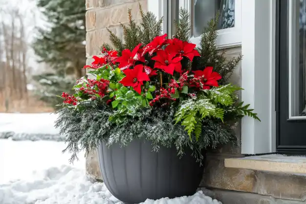 A festive outdoor winter planter filled with vibrant red poinsettias, holly berries, and lush evergreens, lightly dusted with snow, placed beside a stone wall and window frame.