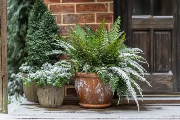 A cozy winter porch display featuring potted ferns and small evergreen shrubs lightly dusted with snow, set against a brick wall and a rustic wooden door.