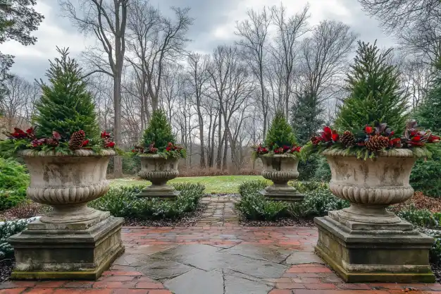 Elegant garden pathway flanked by four stone urns filled with evergreen trees, red berries, and pinecones, set against a winter landscape with leafless trees and a gray sky.