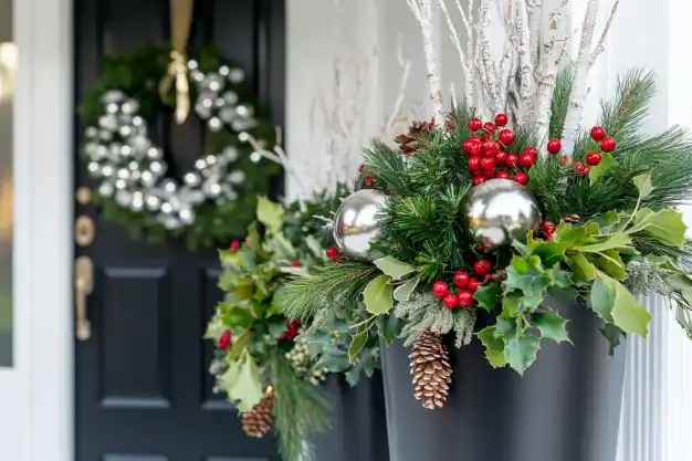 Festive black planters filled with Christmas greenery, red berries, pinecones, and shiny silver ornaments, placed beside a black door decorated with a silver wreath.