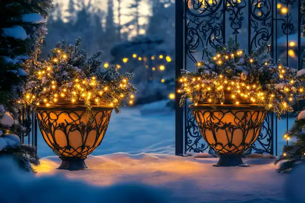 A beautifully arranged Christmas garland on a windowsill, featuring pine branches, holly leaves, frosted foliage, and shiny gold and silver baubles with a golden star hanging above..