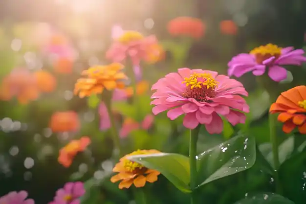 Close-up of vibrant pink zinnias in a sunny garden setting, glistening with morning dew.