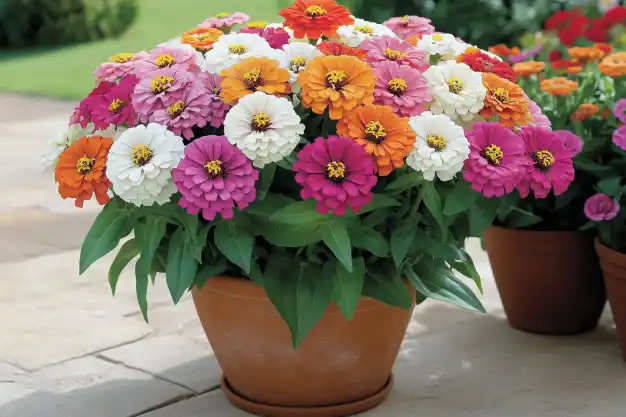 A charming garden pathway framed with wooden arches and bordered by colorful zinnias in full bloom.