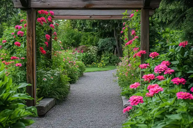 A terracotta pot filled with a mix of multicolored zinnias, including pink, orange, white, and red flowers, placed on a stone patio.