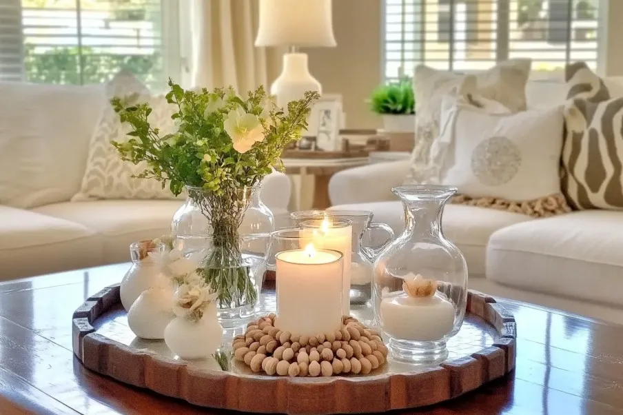 A decorative arrangement on a wooden coffee table featuring lit candles, small vases with flowers, and a glass vase with greenery, creating a cozy ambiance. The background showcases a well-lit, stylish living room with neutral-toned furniture and soft pillows.