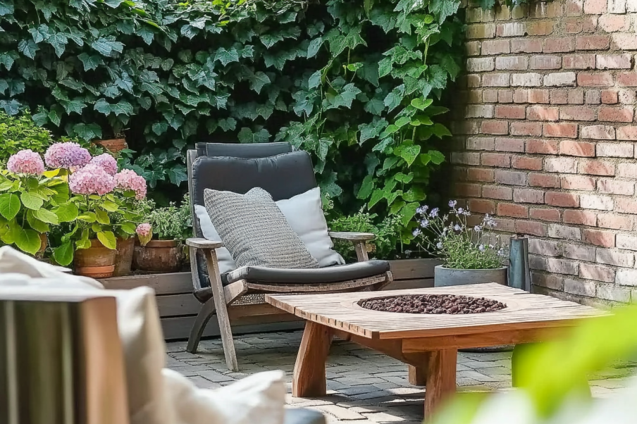 A cozy patio setup featuring wooden chairs with cushions, a fire pit, lush green plants, and a brick wall adorned with ivy, creating a relaxing outdoor space