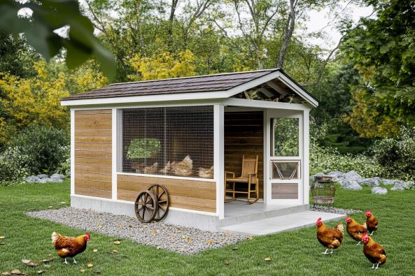 A well-constructed wooden chicken coop with a slanted roof, featuring wire mesh windows for ventilation. Several chickens are inside the coop, while others roam freely on the green grass outside.