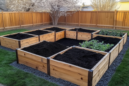 A backyard garden with neatly arranged wooden raised beds filled with dark soil, ready for planting. Some of the beds already have green leafy vegetables growing. The area is surrounded by a wooden privacy fence and bordered with decorative gravel.