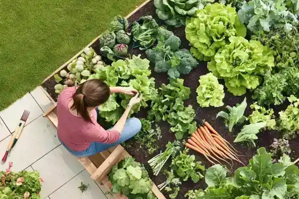 A woman tending to a raised garden bed filled with fresh vegetables, including lettuce, carrots, and cabbage, in a backyard garden.