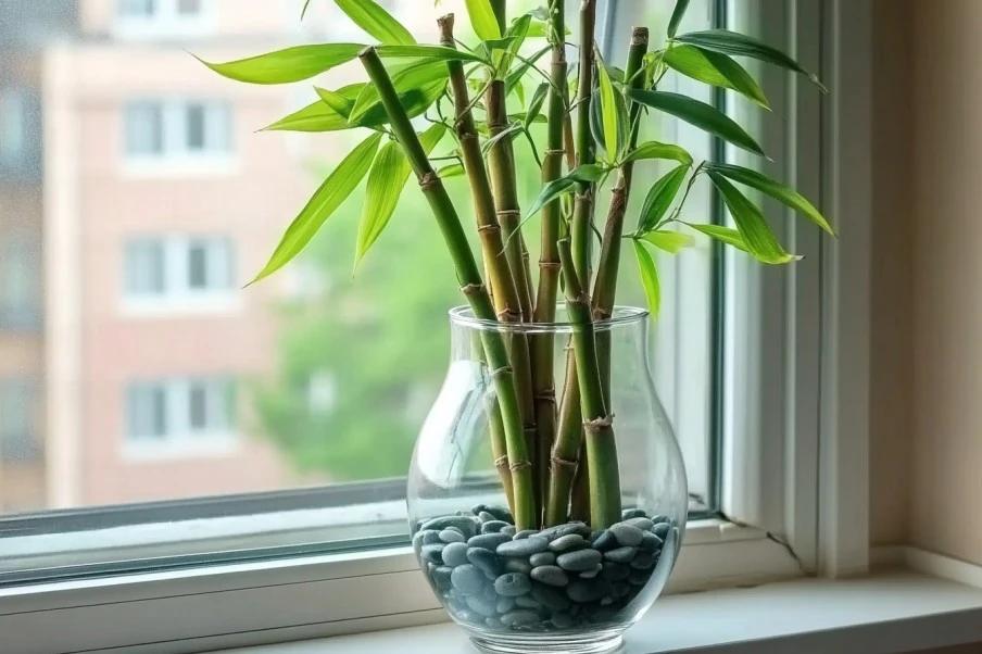 A decorative bamboo plant in a glass vase with pebbles, placed on a bright windowsill.