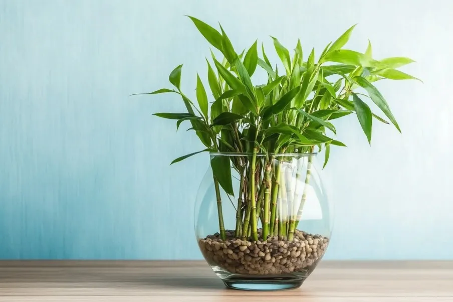 A vibrant bamboo plant in a clear, round glass vase filled with small pebbles, set on a wooden tabletop with a light blue backdrop.