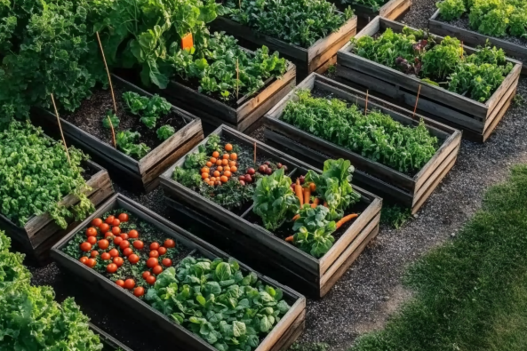 A vibrant vegetable garden with multiple raised wooden beds filled with lush green plants and colorful vegetables. The beds showcase ripe red tomatoes, fresh green lettuce, bright orange carrots, and various leafy greens. The garden is neatly arranged with gravel pathways in between and a well-maintained grassy area nearby, creating a productive and visually appealing space.