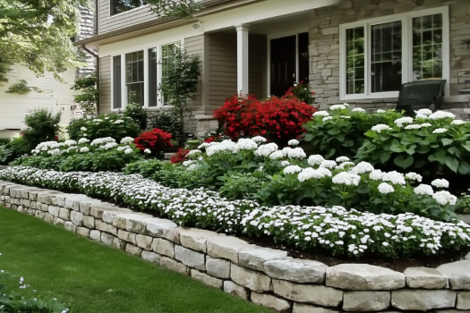 A well-maintained front yard garden featuring layers of white and red flowers, green shrubs, and a neatly arranged stone retaining wall in front of a house with beige siding and stone accents. The garden is bordered by a lush green lawn.