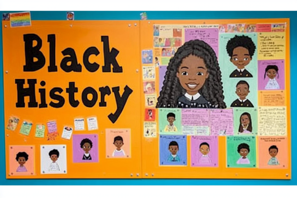 A colorful Black History bulletin board with vibrant orange background featuring an illustration of a young Black girl with curly hair in the center, surrounded by smaller illustrations of diverse individuals. The board includes text, portraits, and educational content highlighting Black history and achievements.