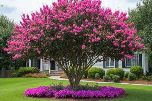 A beautifully landscaped front yard featuring a vibrant pink crepe myrtle tree in full bloom. The tree is surrounded by a neatly trimmed lawn, bright pink flowering ground cover, and a charming house with white siding and black shutters in the background.