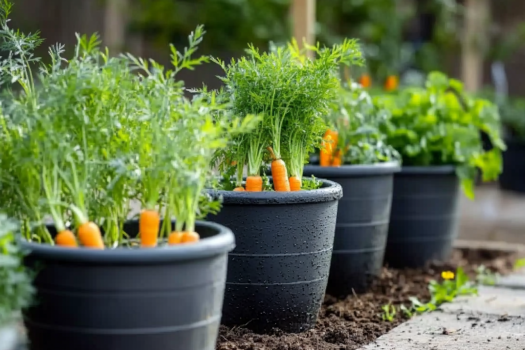 A row of black pots filled with soil and growing vibrant green carrot plants. The tops of bright orange carrots are visible peeking out from the soil. The pots are arranged neatly in an outdoor garden setting with rich soil and other greenery in the background.