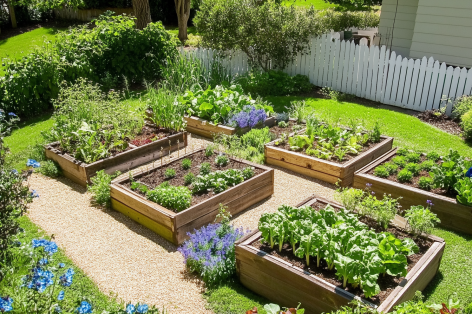 A delightful cottage-style garden featuring raised wooden beds arranged in a geometric layout. The beds are filled with a mix of vibrant flowers, leafy greens, and herbs. A gravel pathway winds through the garden, bordered by a white picket fence and lush greenery, creating a serene and inviting outdoor space.