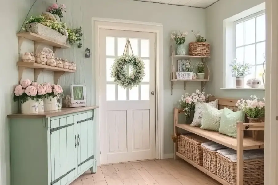 A farmhouse-style entryway with a mint green cabinet, wooden bench, floral decor, and a wreath on the door.